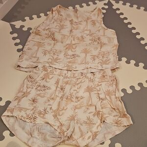 Beige Tropical Print Sleeveless Top and Shorts Set